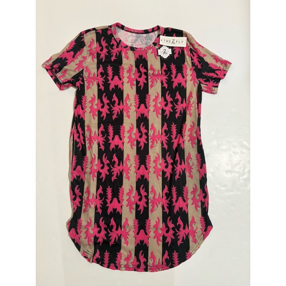 Two 2 Fly Co Aztec Western Cowgirl T-Shirt Dress Womens Small NWT Pink Black Tan